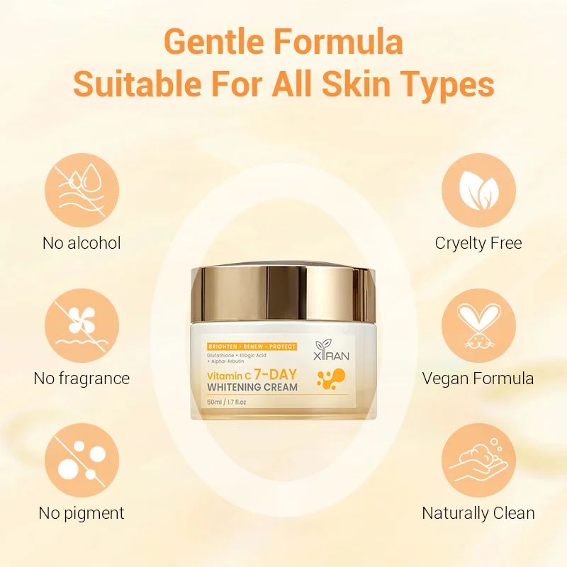Vitamin C 7-day whitening cream in packaging labeled as gentle, suitable for all skin types, cruelty-free, vegan formula, no alcohol, fragrance, or pigment.
